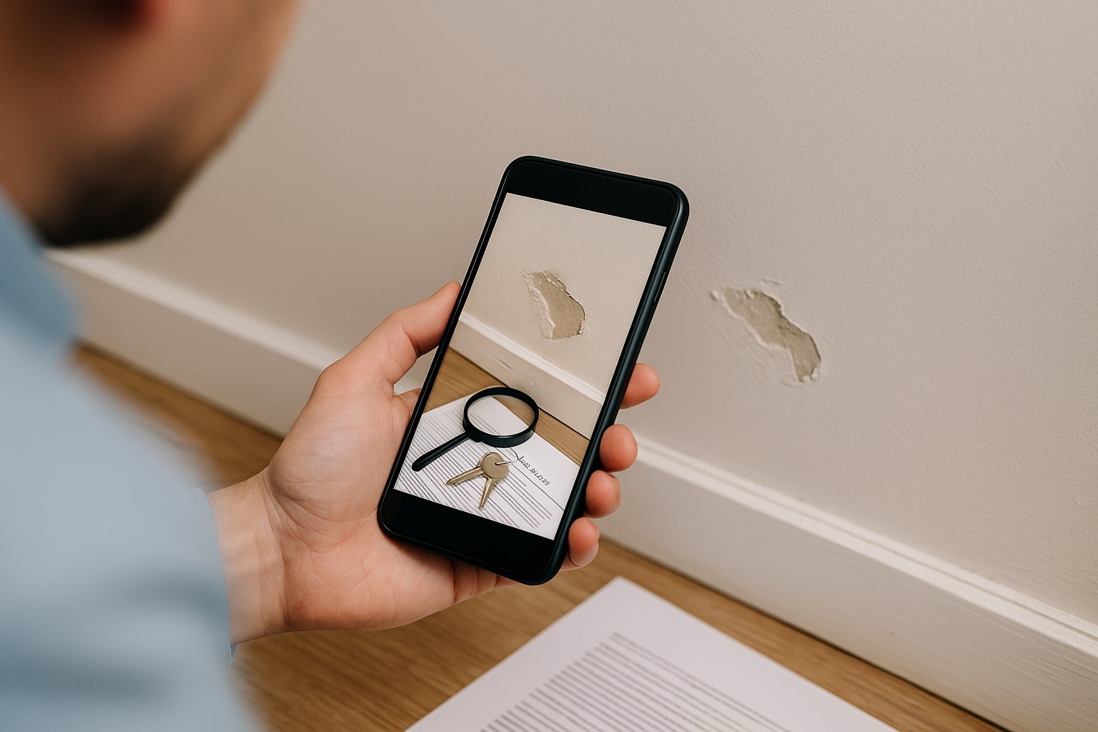 A landlord taking a photo of property damage on a phone, to create an evidence log for a tenancy breach.
