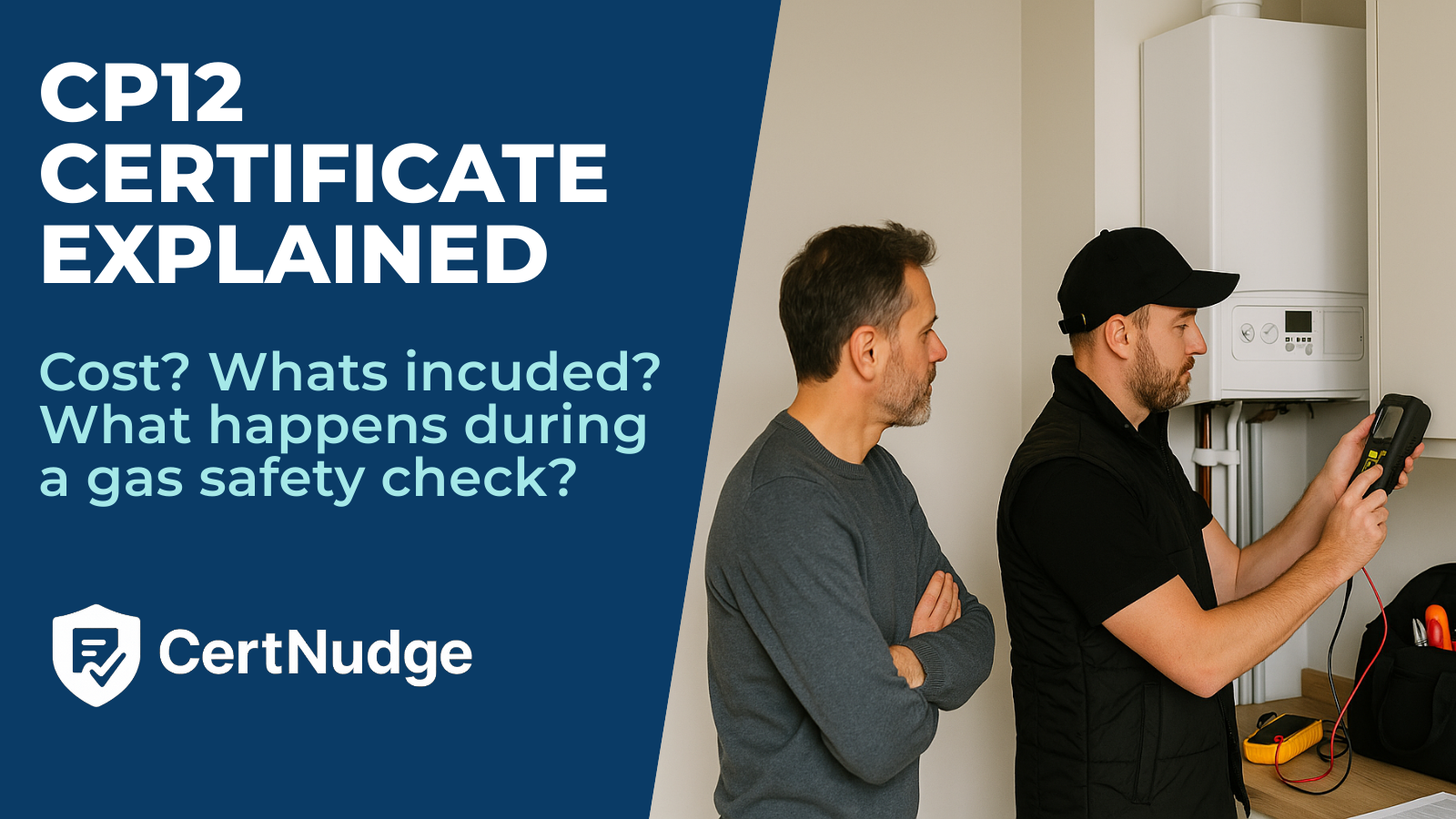 Gas Safe engineer inspecting a boiler for CP12 gas safety check while the landlord observes