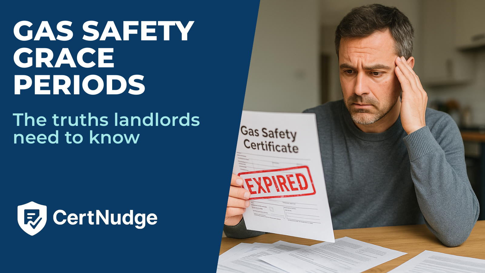 UK landlord reviewing an expired gas safety certificate with a red EXPIRED stamp at a kitchen table