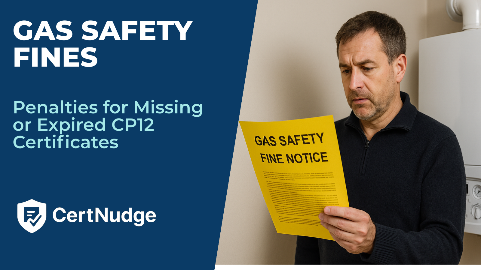 Gas Safe engineer inspecting a boiler during CP12 gas safety check, illustrating penalties