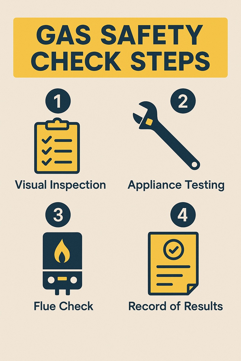 Infographic showing the steps involved in a landlord gas safety inspection for a CP12 certificate.
