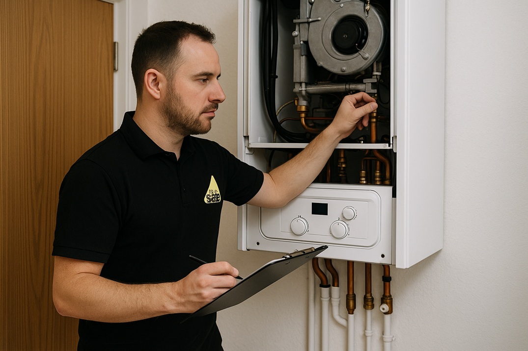 Gas Safe engineer performing a CP12 gas safety check on a boiler in a UK rental property.