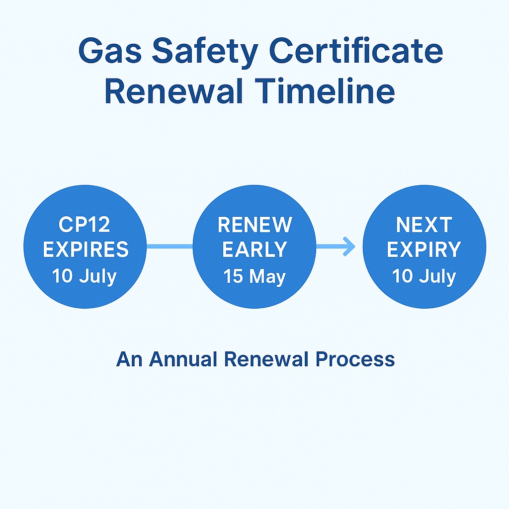 Timeline graphic showing the annual gas safety certificate renewal process for UK landlords.
