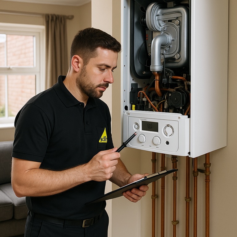 Gas Safe engineer inspecting a boiler in a UK rental property for the annual CP12 gas safety certificate.