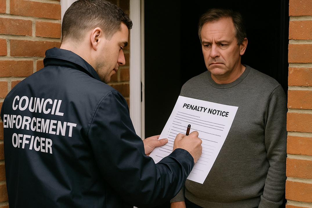 Council enforcement officer issuing a penalty notice related to landlord gas safety failures.