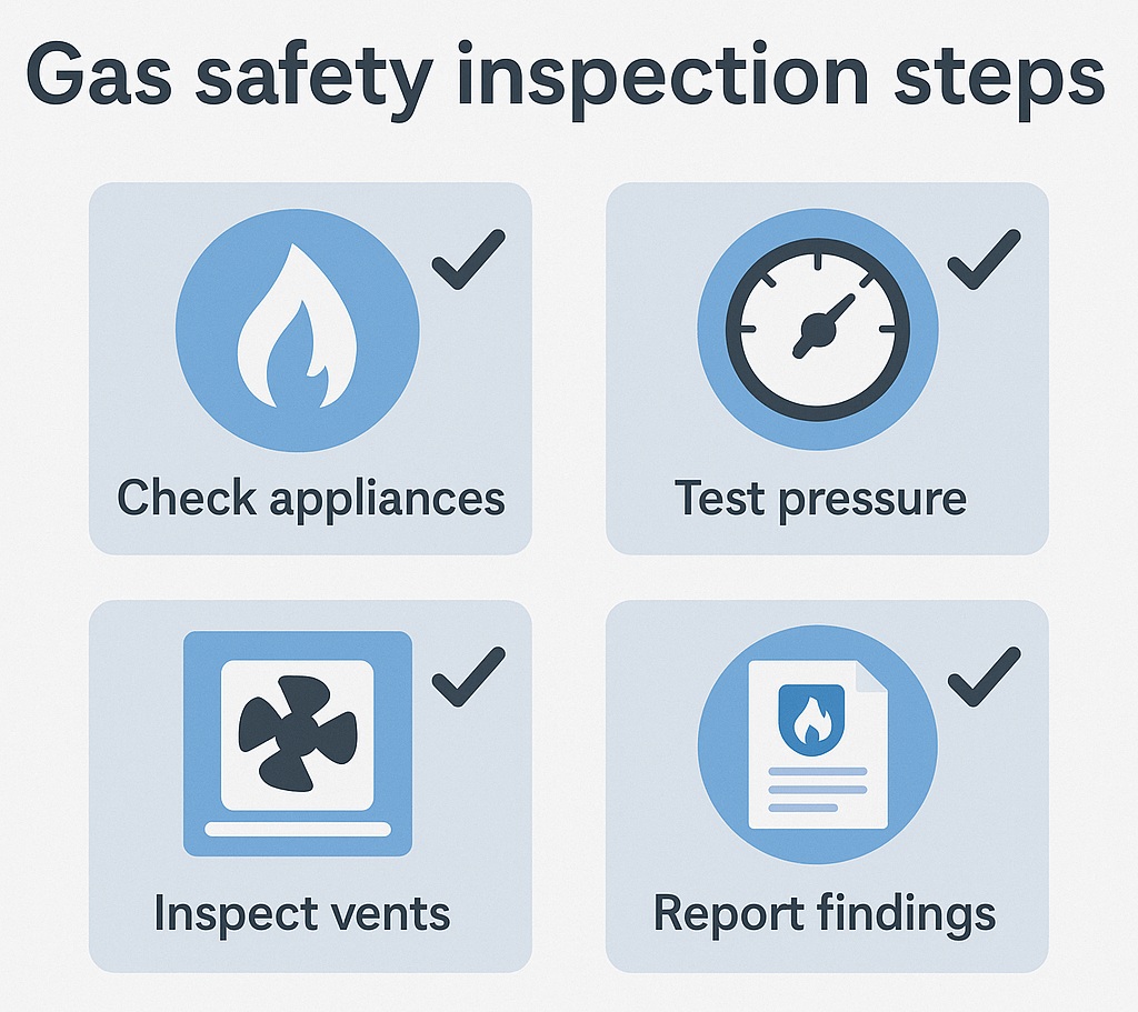 Visual checklist showing the key steps in a landlord gas safety inspection.