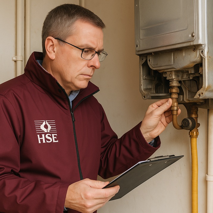 Health and Safety Executive inspector examining unsafe gas equipment during a landlord compliance investigation.