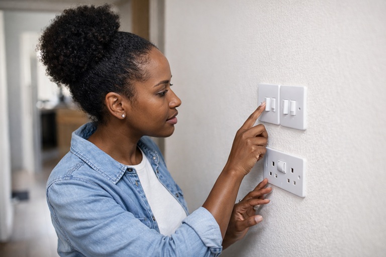 Photo: landlord doing a quick between-tenancy visual check of sockets and light switches (no tools)