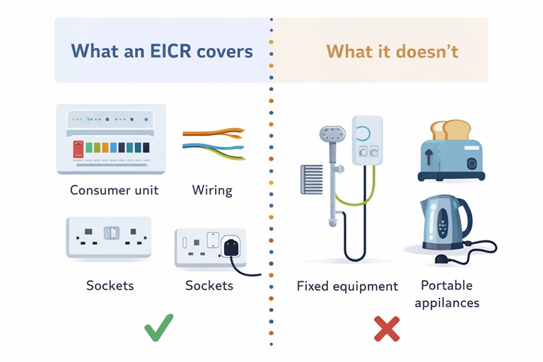 Simple diagram: what an EICR covers (consumer unit, wiring, sockets, fixed equipment) vs what it doesnt (portable appliances)