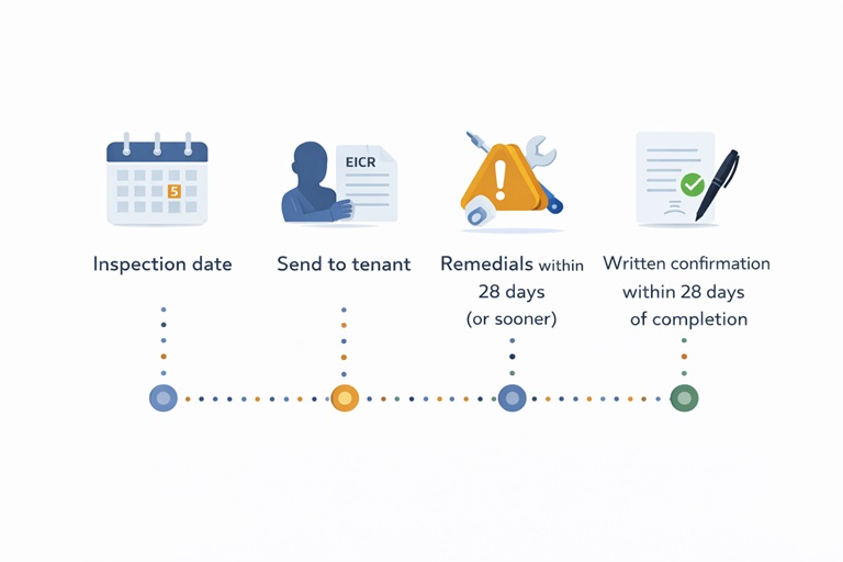 Simple timeline graphic: Inspection date &rarr; 28 days (send to tenant) &rarr; if unsatisfactory, remedials within 28 days (or sooner) &rarr; written confirmation shared within 28 days of completion