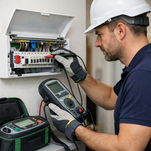 Qualified electrician performing EICR testing on a consumer unit (fuse box)