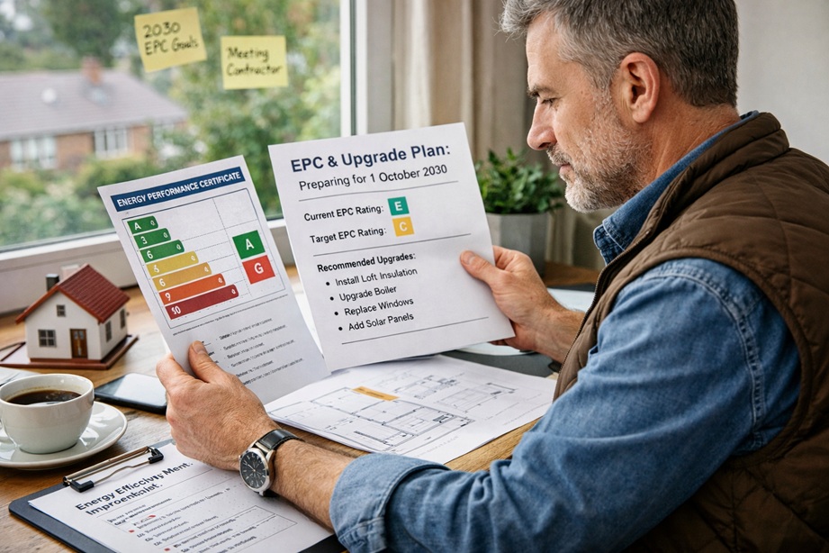 Landlord reviewing an EPC and upgrade plan for a rental property in England and Wales