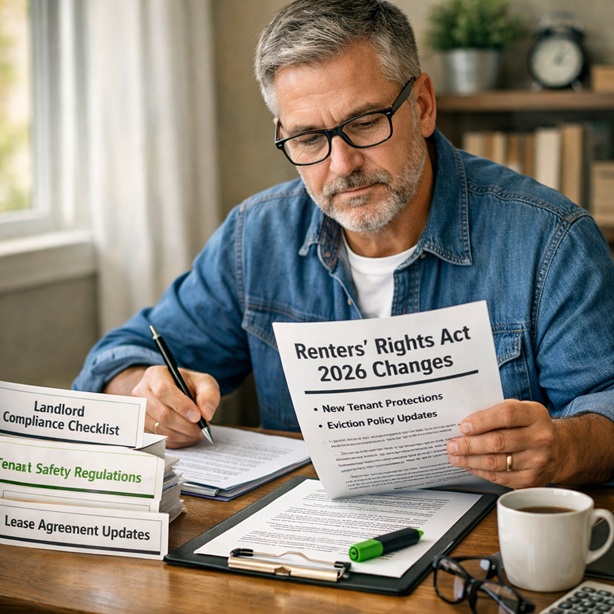 Landlord reviewing compliance documents ahead of the Renters&rsquo; Rights Act changes in May 2026