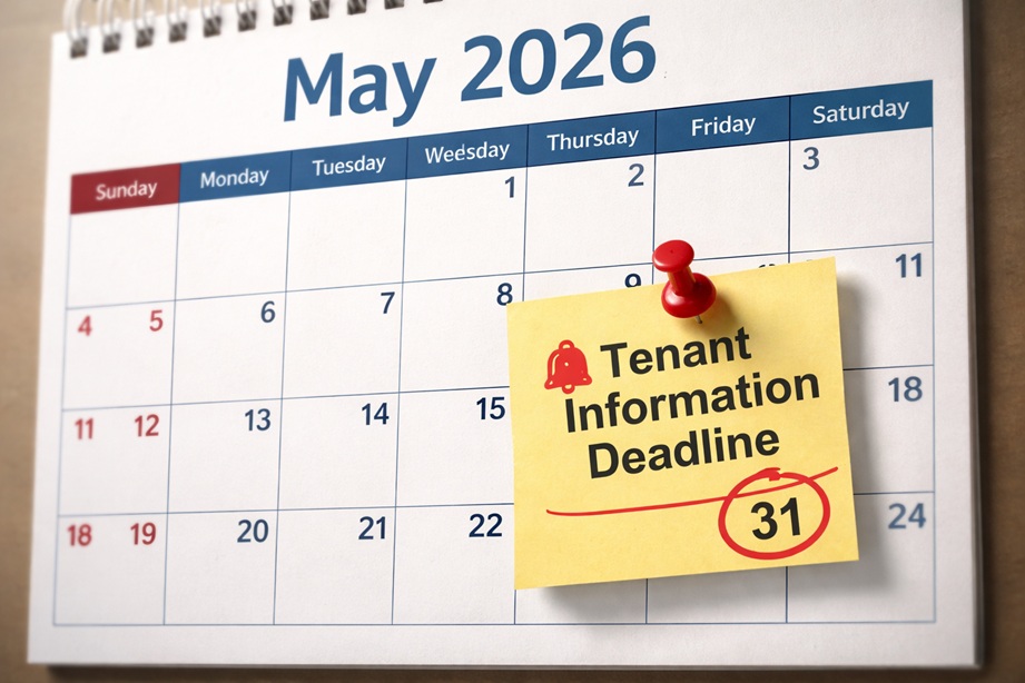 Calendar reminder showing a tenant information deadline at the end of May 2026