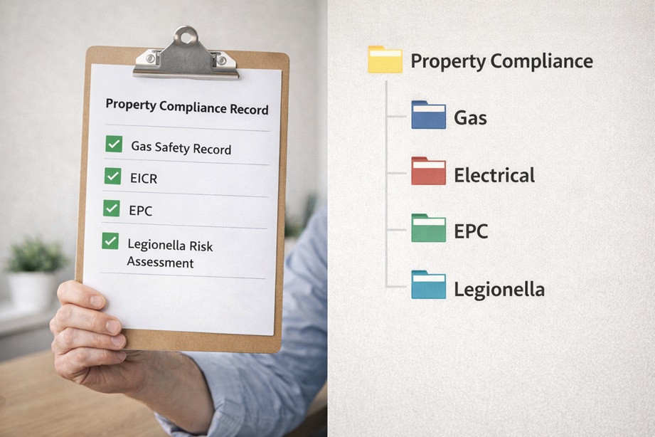 Organised landlord compliance documents grouped into a single evidence pack