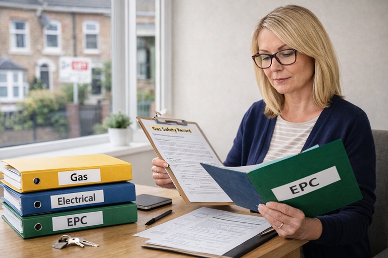 Landlord reviewing required certificates and compliance documents for a rental property