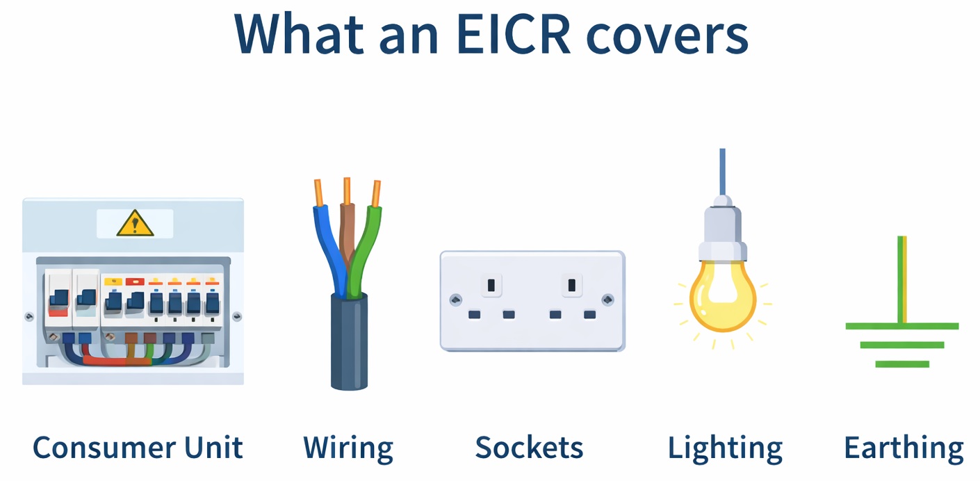 Diagram showing what an EICR covers: consumer unit, wiring, sockets, lighting and earthing