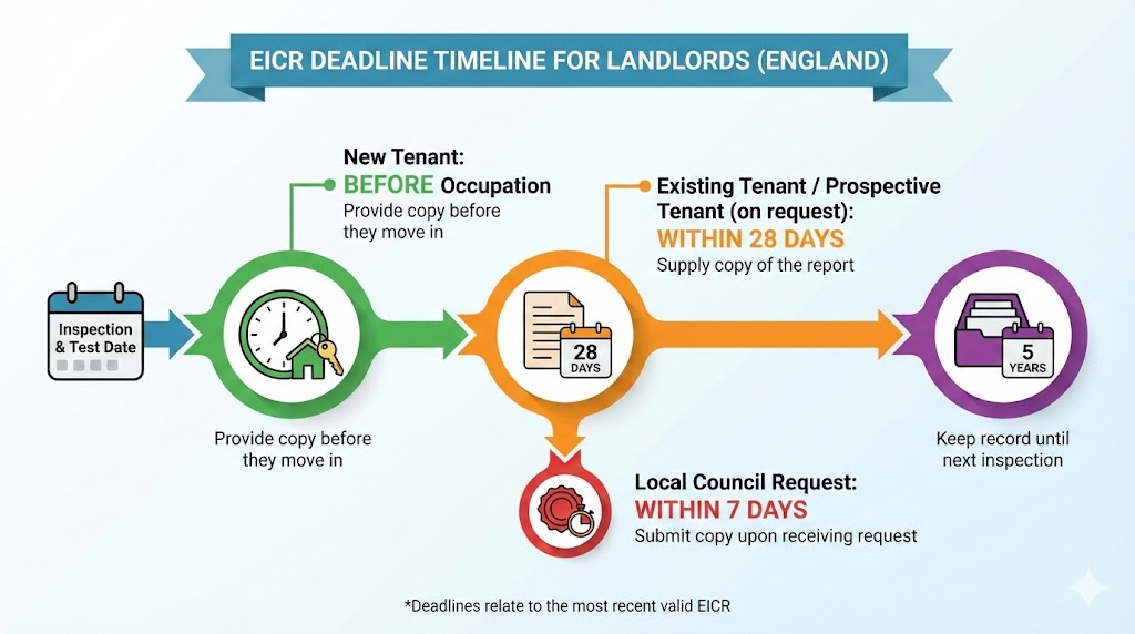 EICR deadline timeline graphic for landlords in England (28 days, before occupation, 7-day council request)