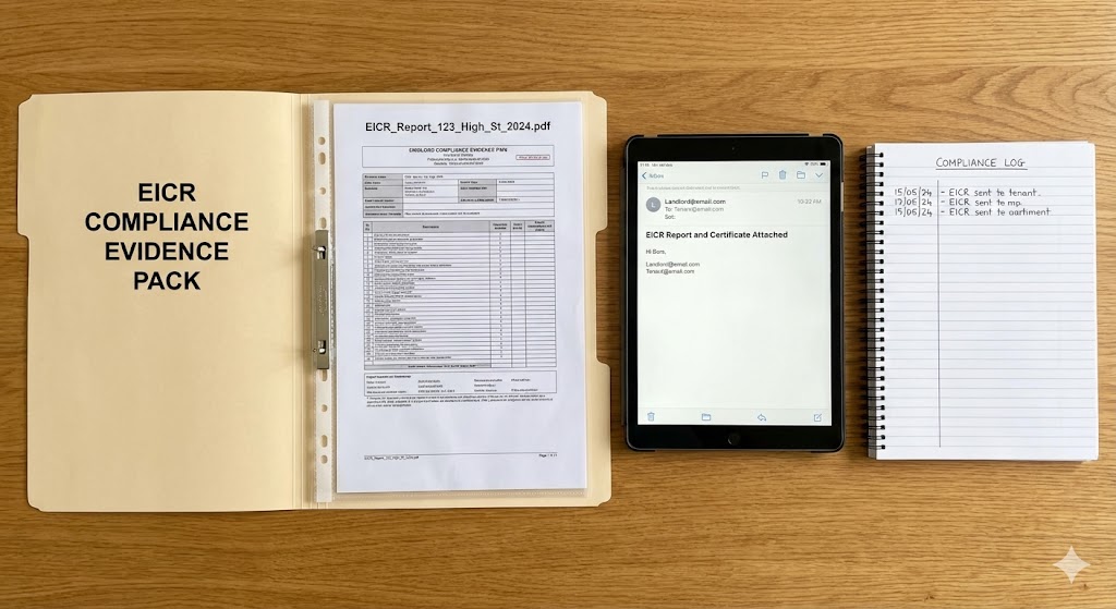 Example landlord evidence pack for EICR compliance: named PDF, sent email proof and simple log