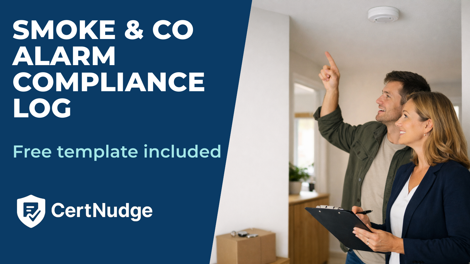 Landlord and tenant reviewing a smoke alarm compliance log during check-in at a rental property