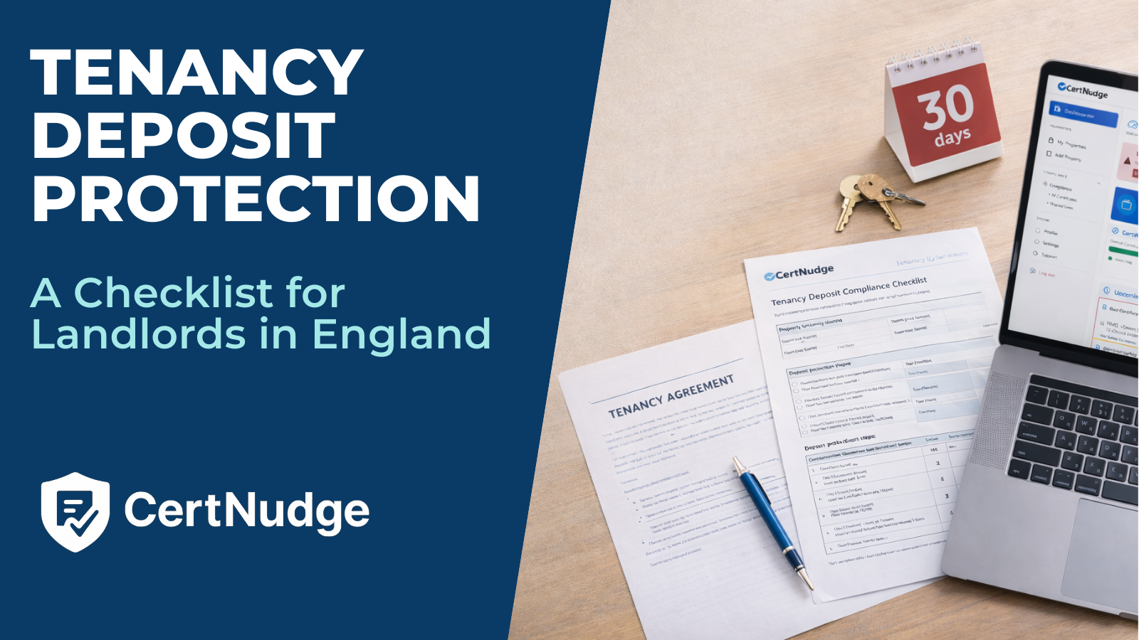 Desk with tenancy deposit paperwork and laptop showing compliance records.