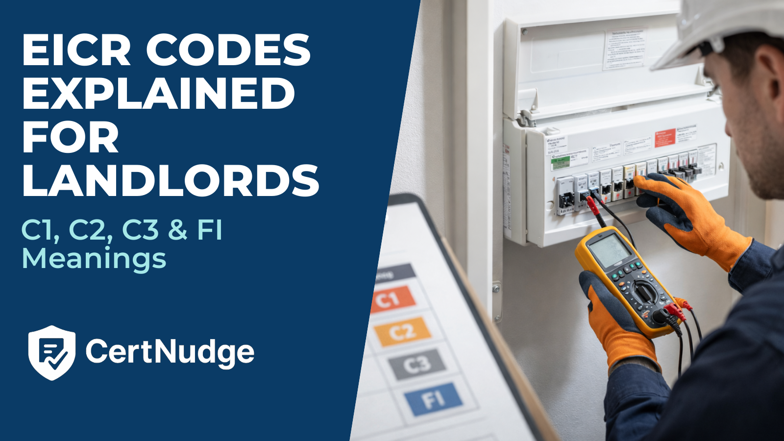 Electrician checking a fuse box with multimeter and codes shown