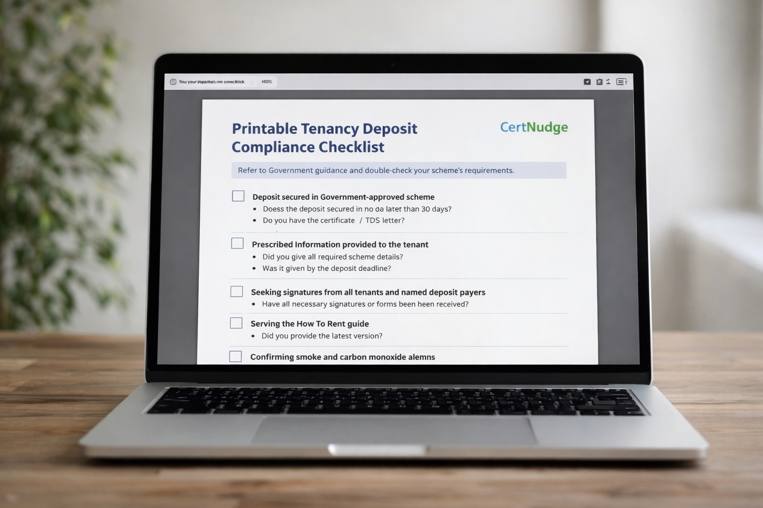 Printable tenancy deposit compliance checklist displayed on a laptop