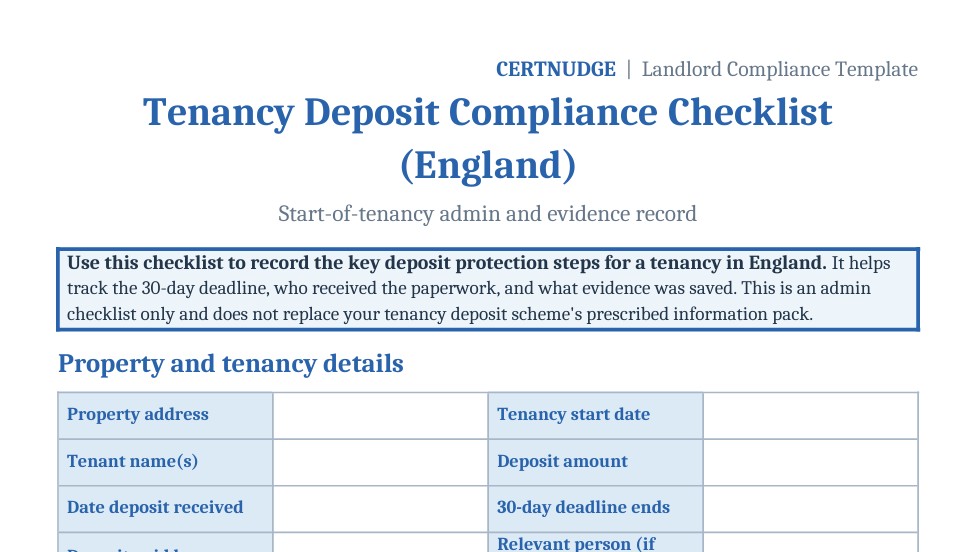 Preview of the Tenancy Deposit Compliance Checklist template for England landlords