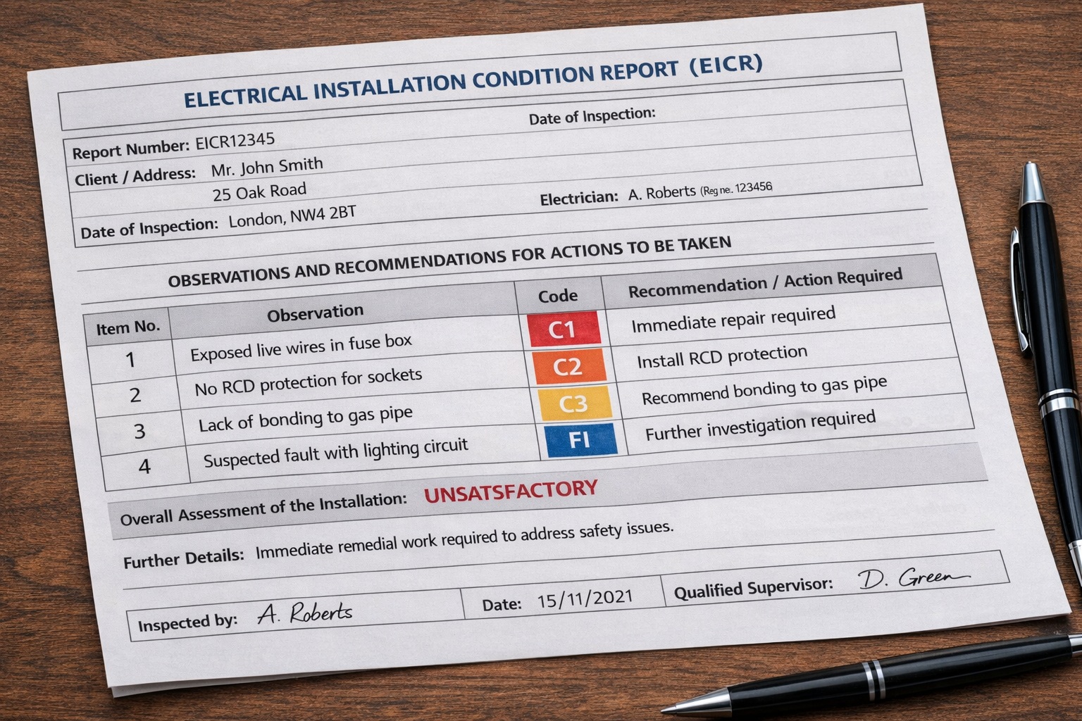 EICR report showing C1, C2, C3 and FI codes highlighted