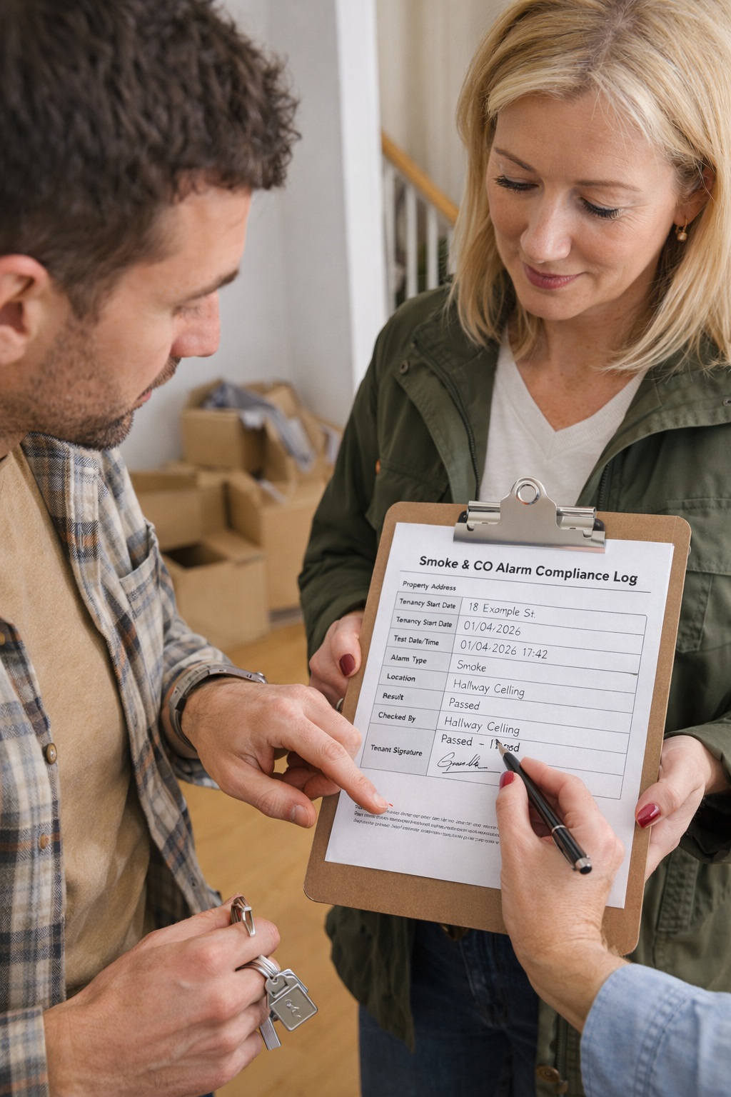 Tenant and landlord reviewing alarm test details during check-in