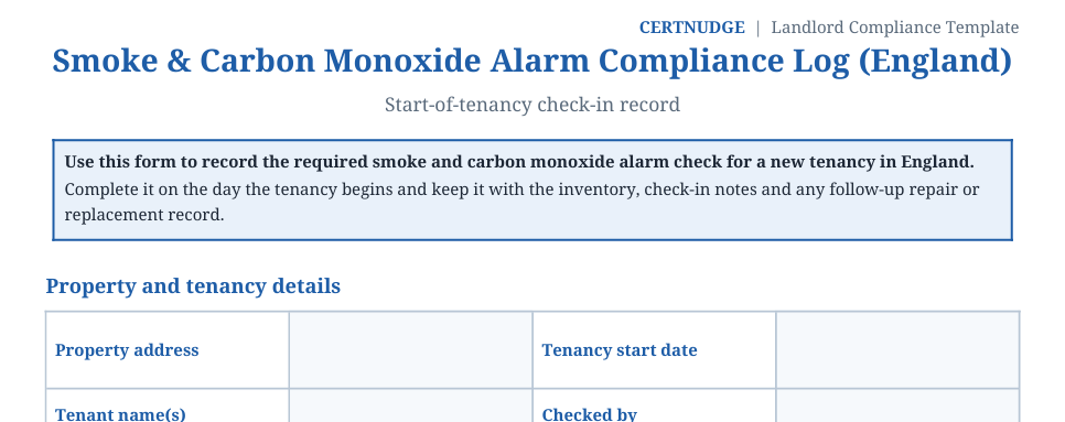 Smoke and CO alarm compliance log template