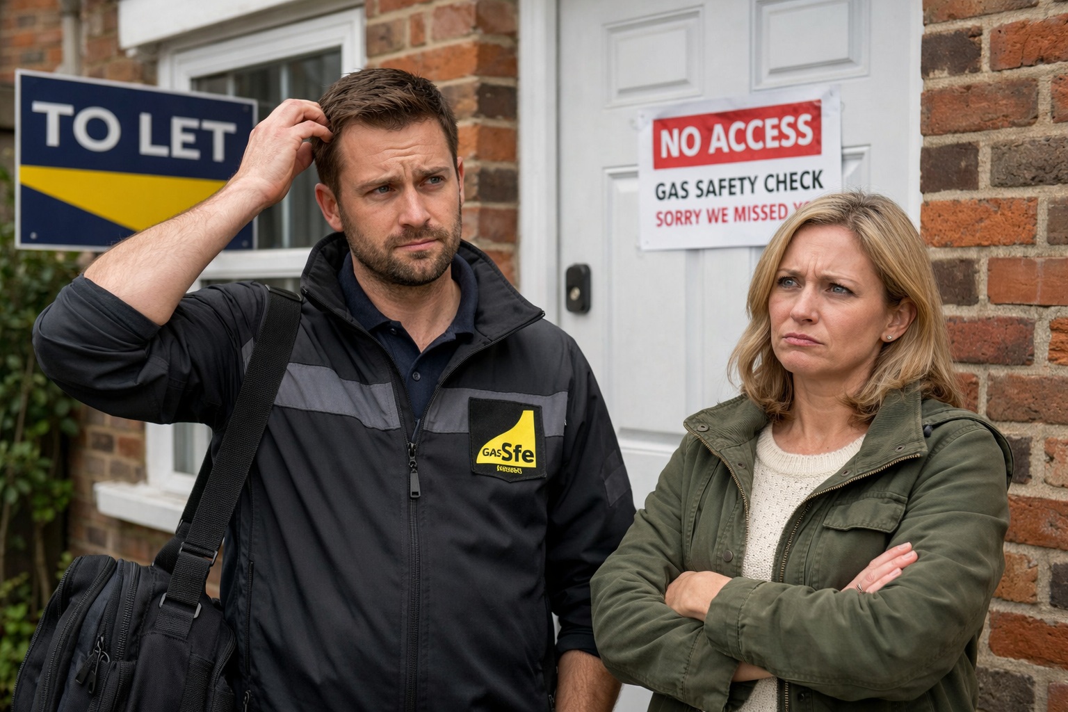 Gas Safe engineer standing with a landlord outside a rental property after no access for a gas safety check
