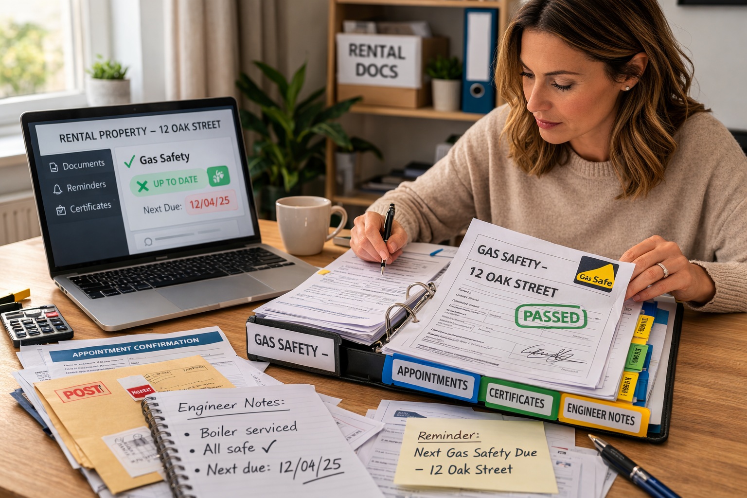Landlord organising gas safety appointment records, letters and engineer notes for a rental property