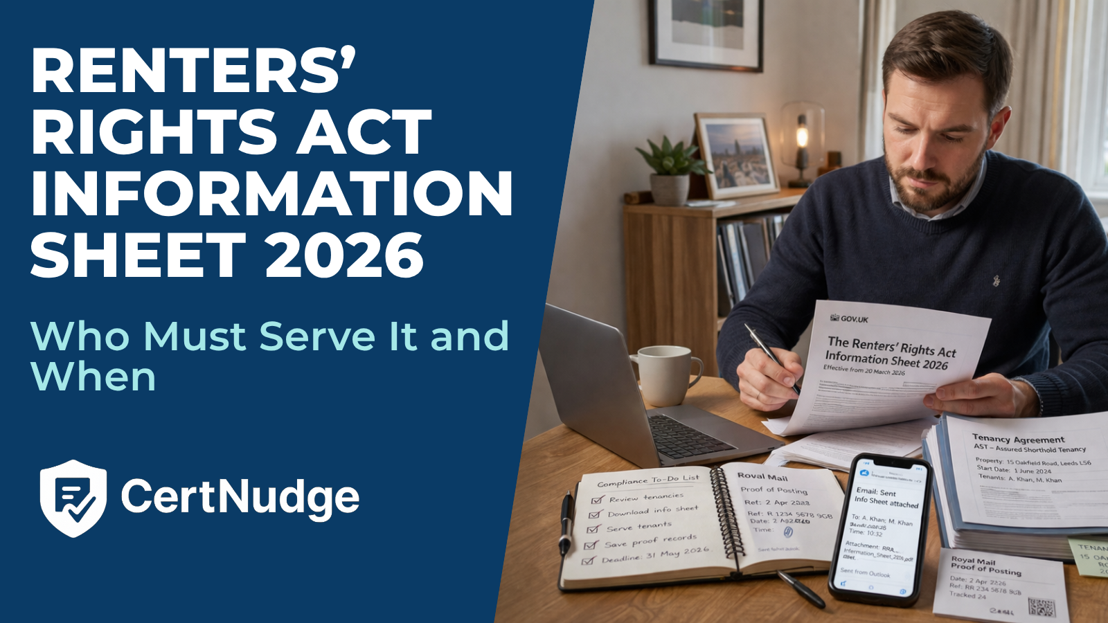 Landlord reviewing the Renters’ Rights Act Information Sheet 2026 with tenancy documents and proof.