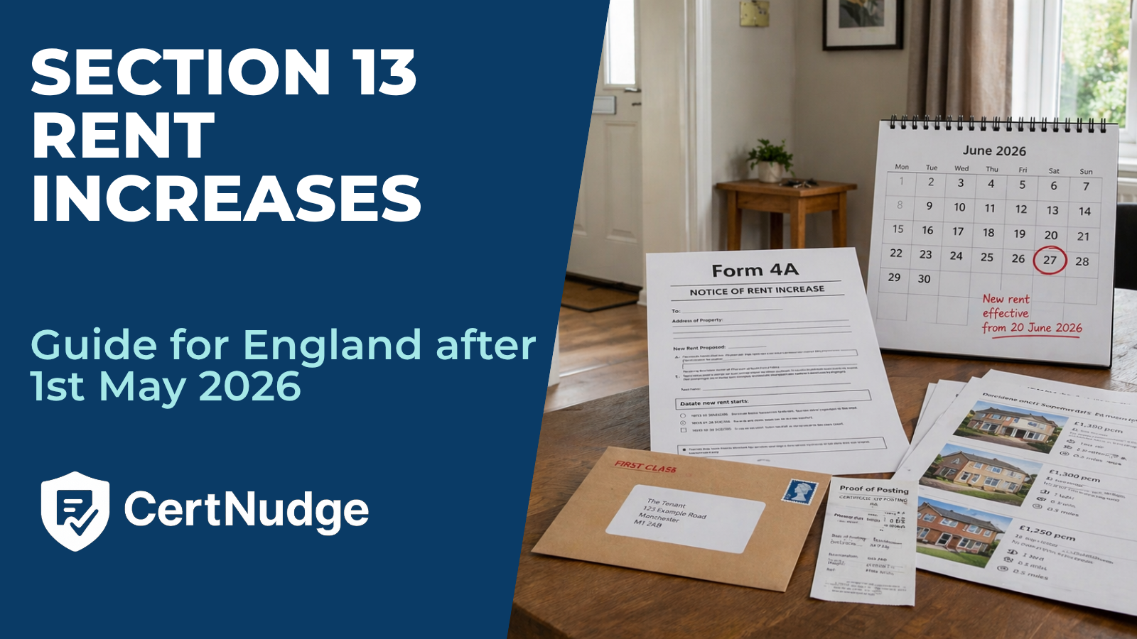 Form 4A rent increase notice with calendar, comparables and proof of service in an England property.