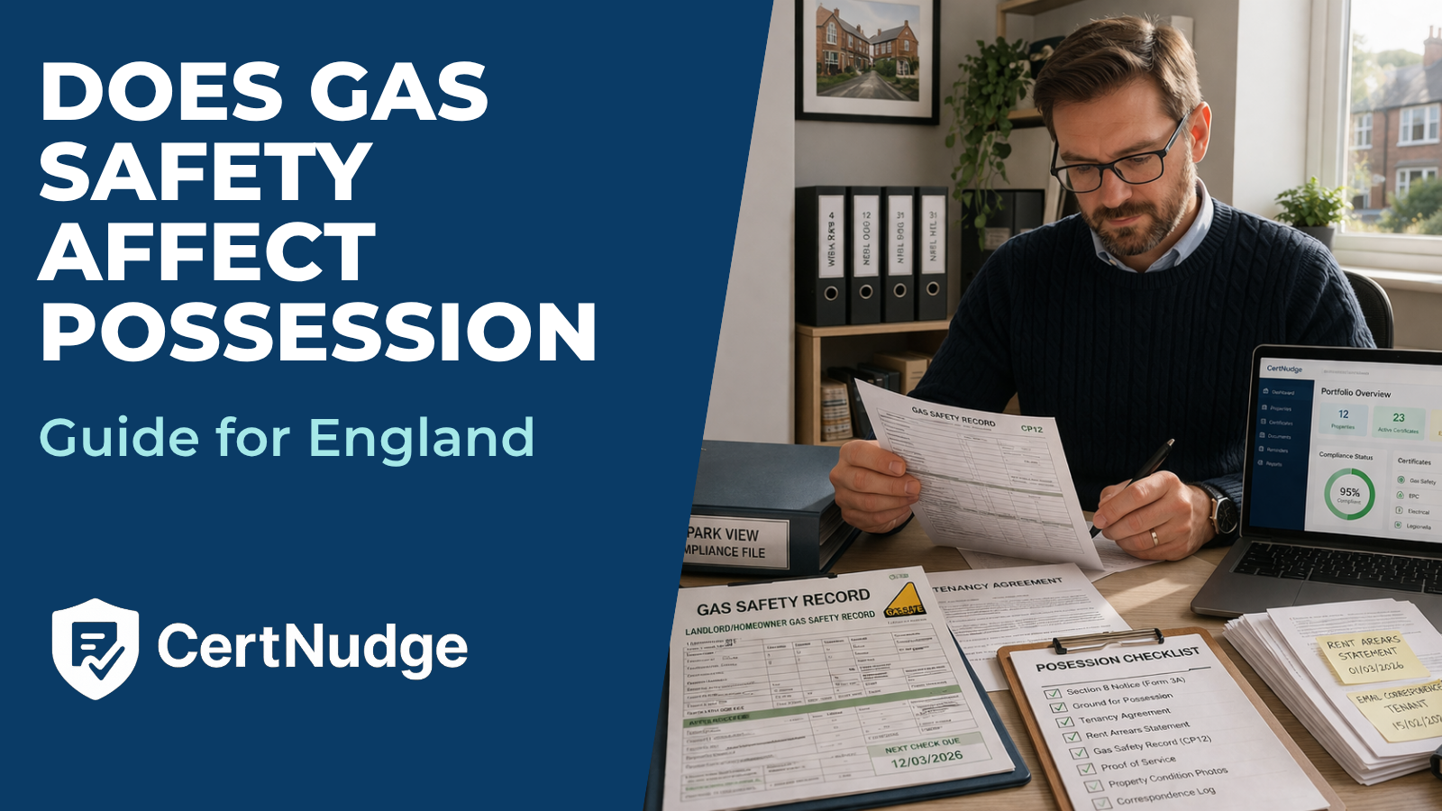 Landlord reviewing gas safety records and possession paperwork in a bright home office.