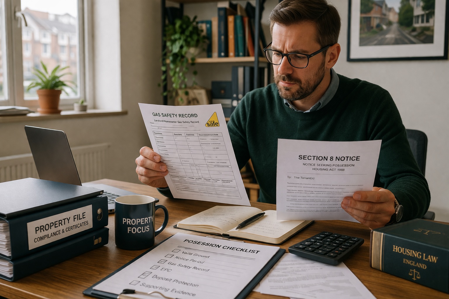 Landlord reviewing gas safety and possession paperwork in England.