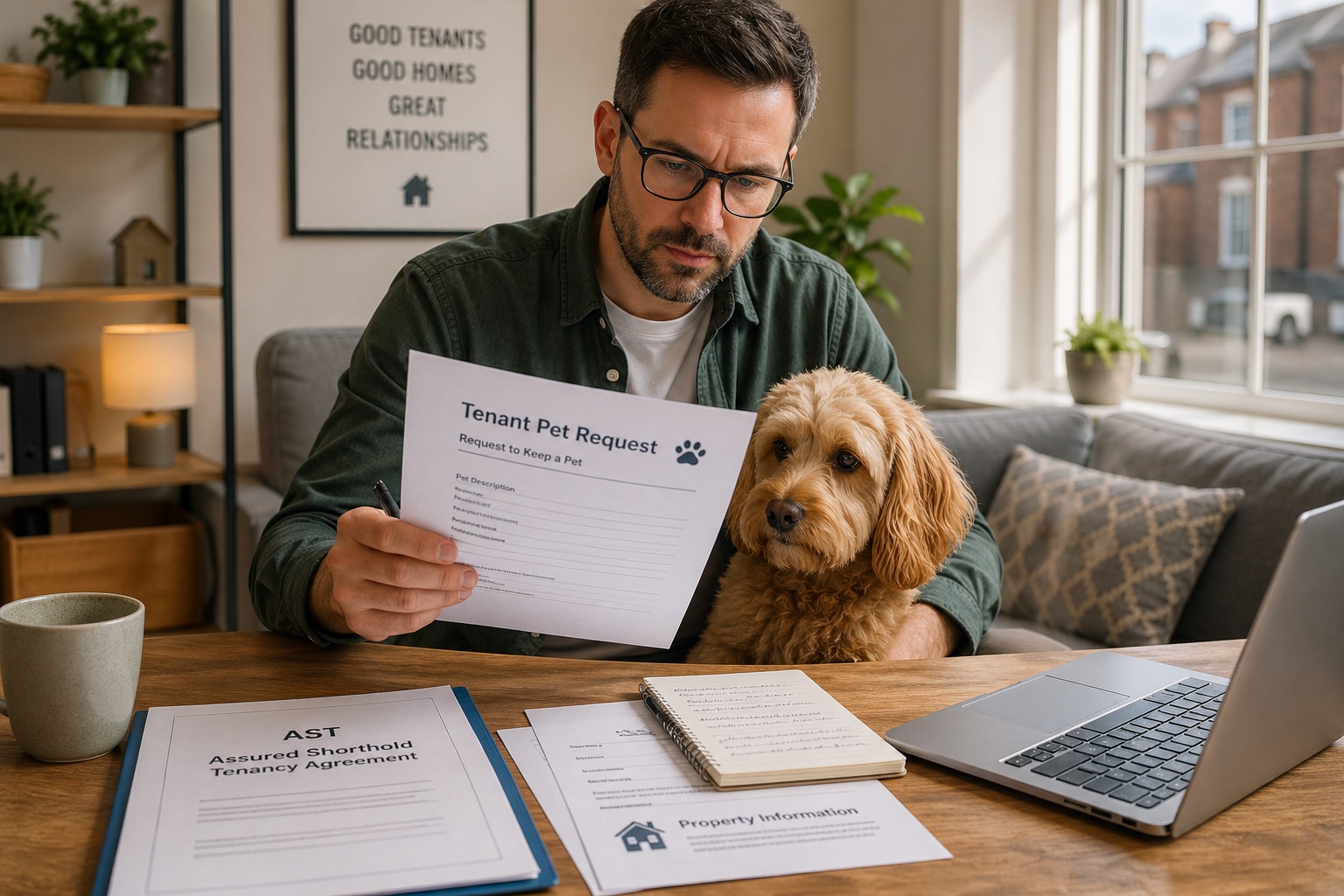 Landlord reviewing a tenant pet request form with a dog beside tenancy paperwork in England