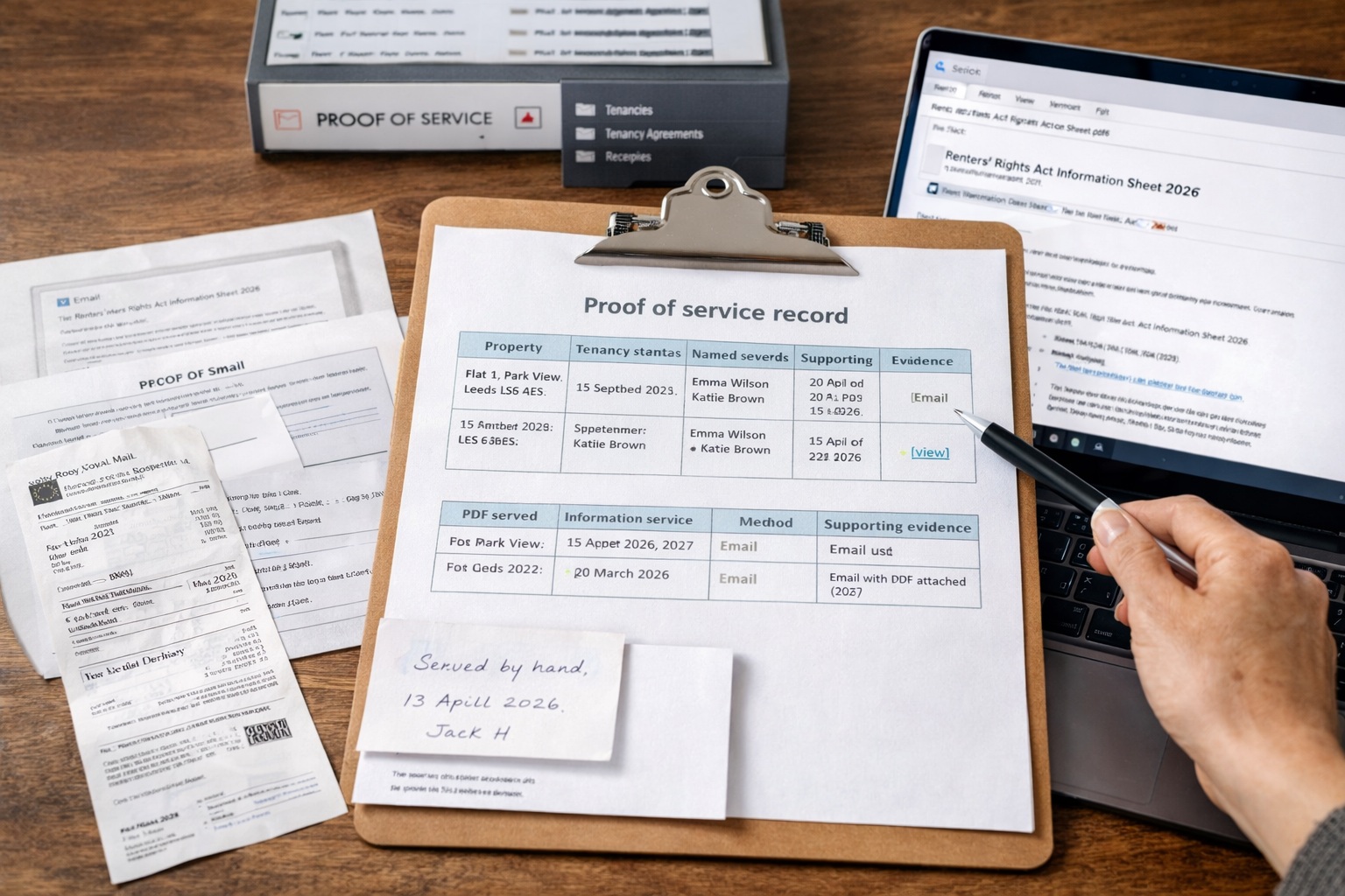 Proof of service records for Renters&rsquo; Rights Act Information Sheet 2026 kept by a landlord in England