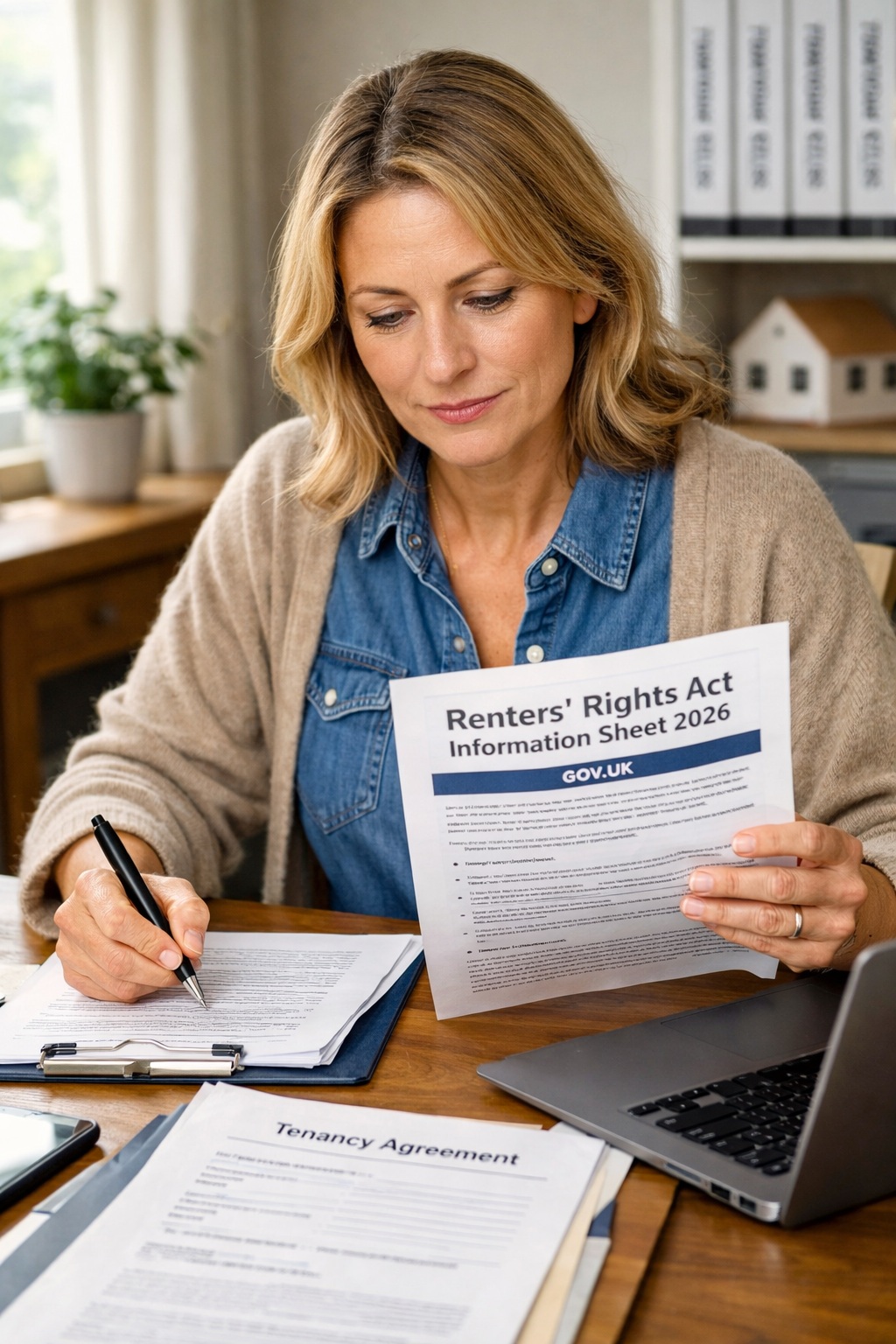 Landlord reviewing Renters&rsquo; Rights Act Information Sheet 2026 paperwork for older tenancy agreements in England