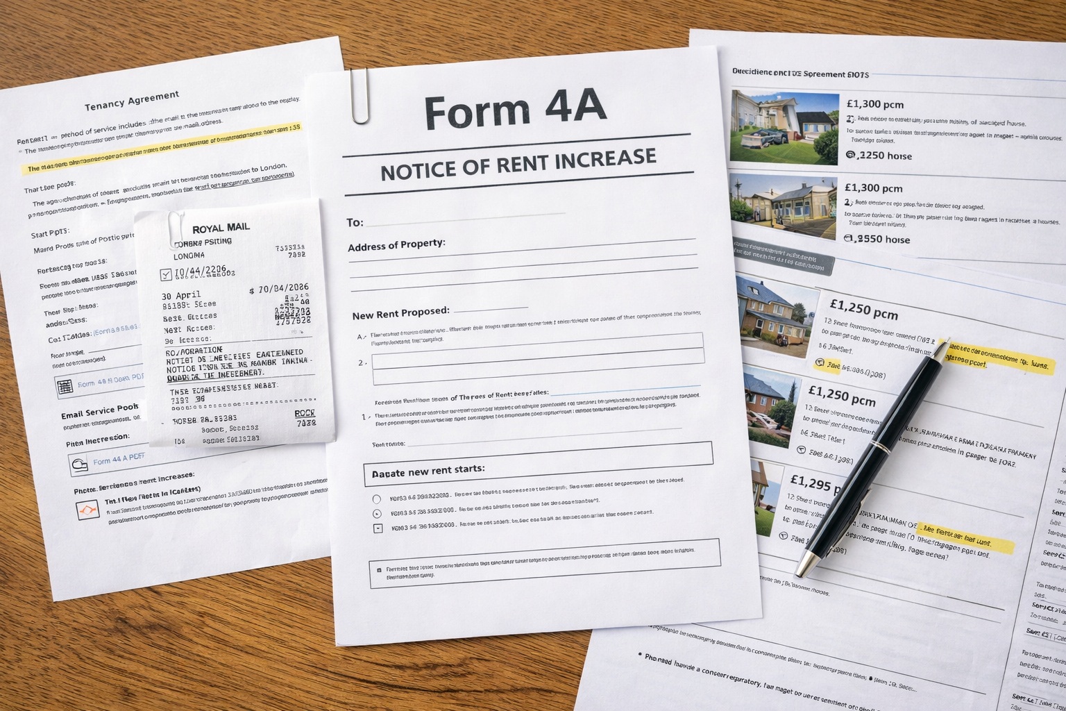 Evidence pack for a Form 4A rent increase notice with proof of service and market comparables