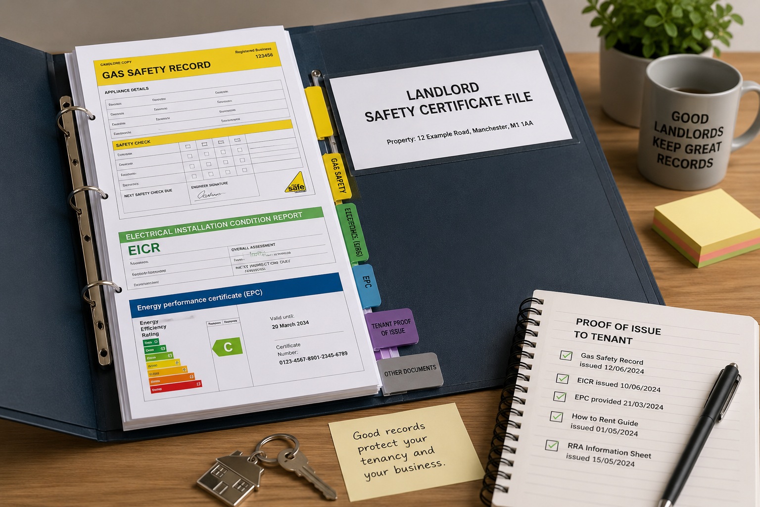 Landlord safety certificate file with gas safety record, EICR, EPC and tenant proof of issue