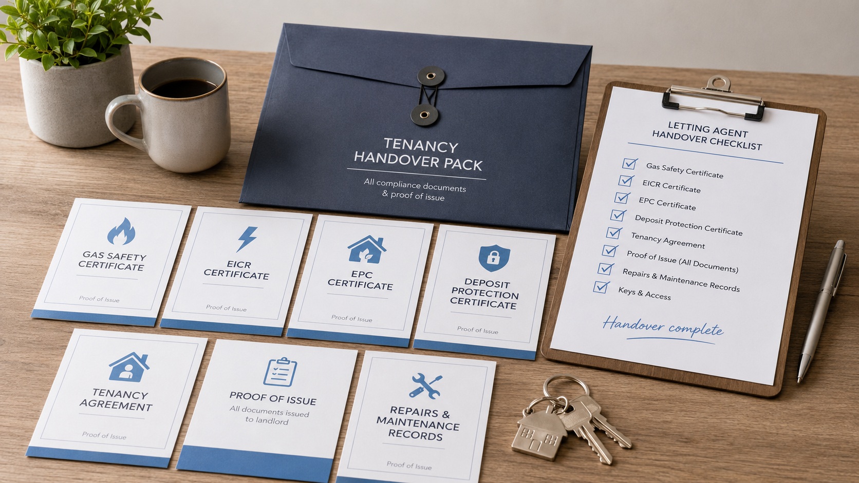 Letting agent handover checklist showing landlord compliance documents, certificates and proof of issue