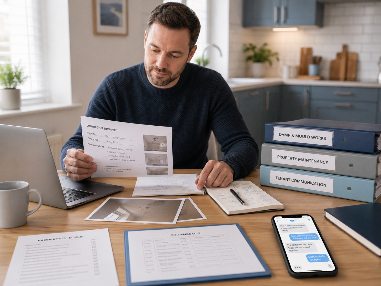Private landlord reviewing damp and mould repair records