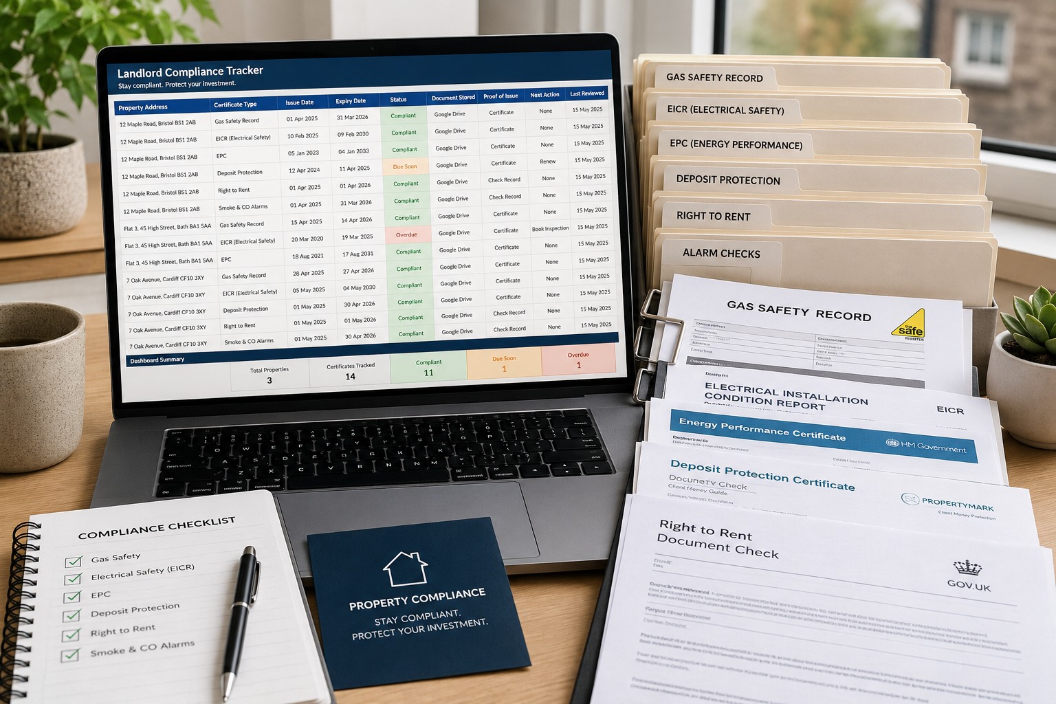 Landlord compliance spreadsheet template showing gas safety, EICR, EPC and proof of issue columns for rental properties in England