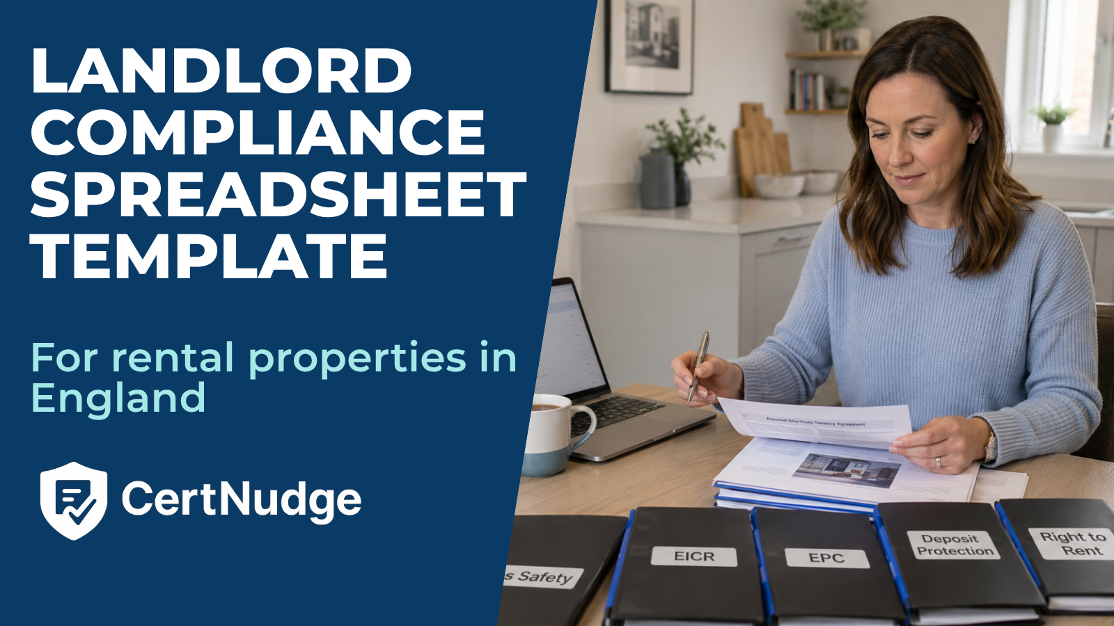 Female landlord organising rental property compliance documents for gas safety, EICR, EPC