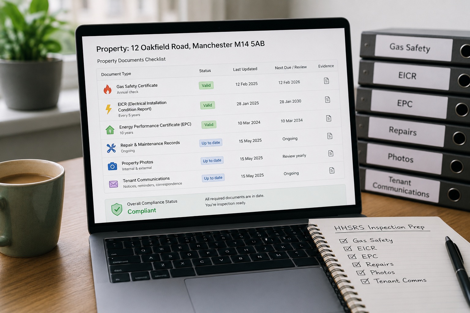 Property-specific document checklist showing gas safety, EICR, EPC, repair records, photos and tenant communications.