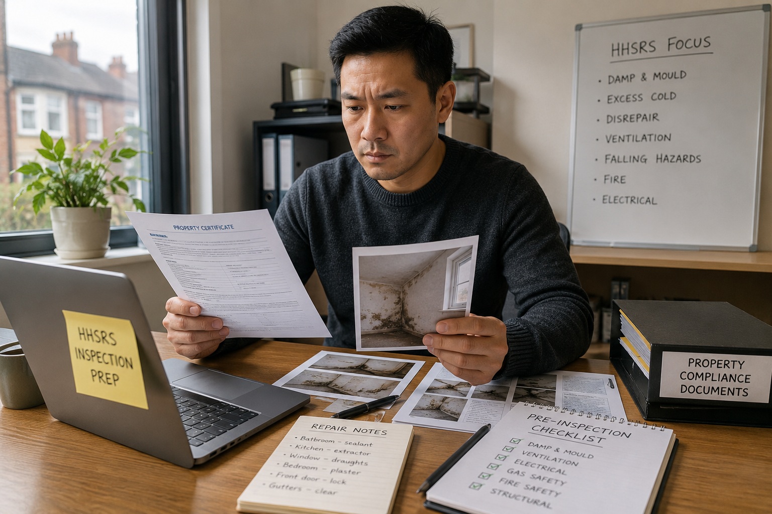 Landlord preparing for a council HHSRS inspection by reviewing property certificates, repair notes and damp evidence photos.