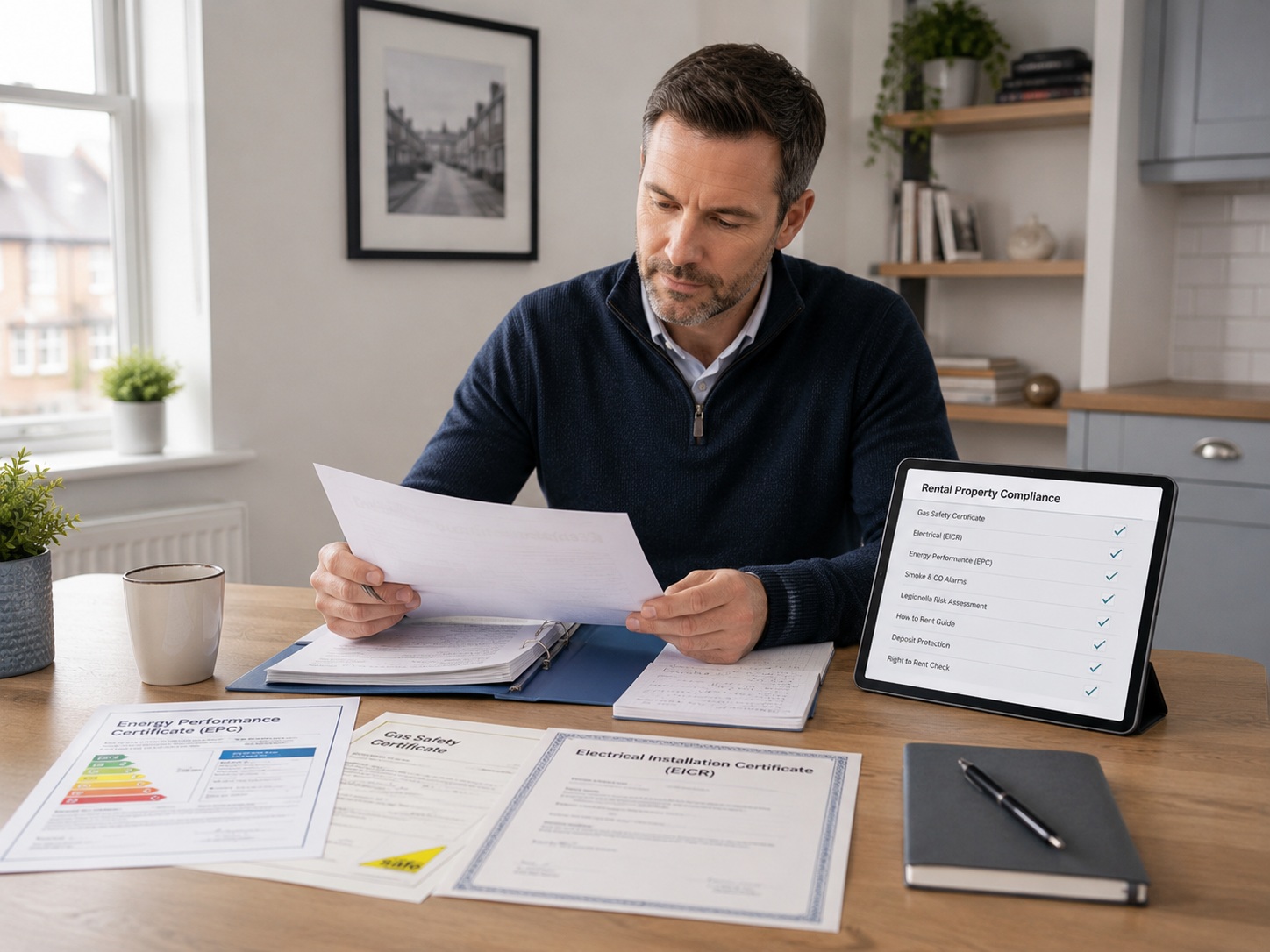 Landlord reviewing property compliance records at a desk
