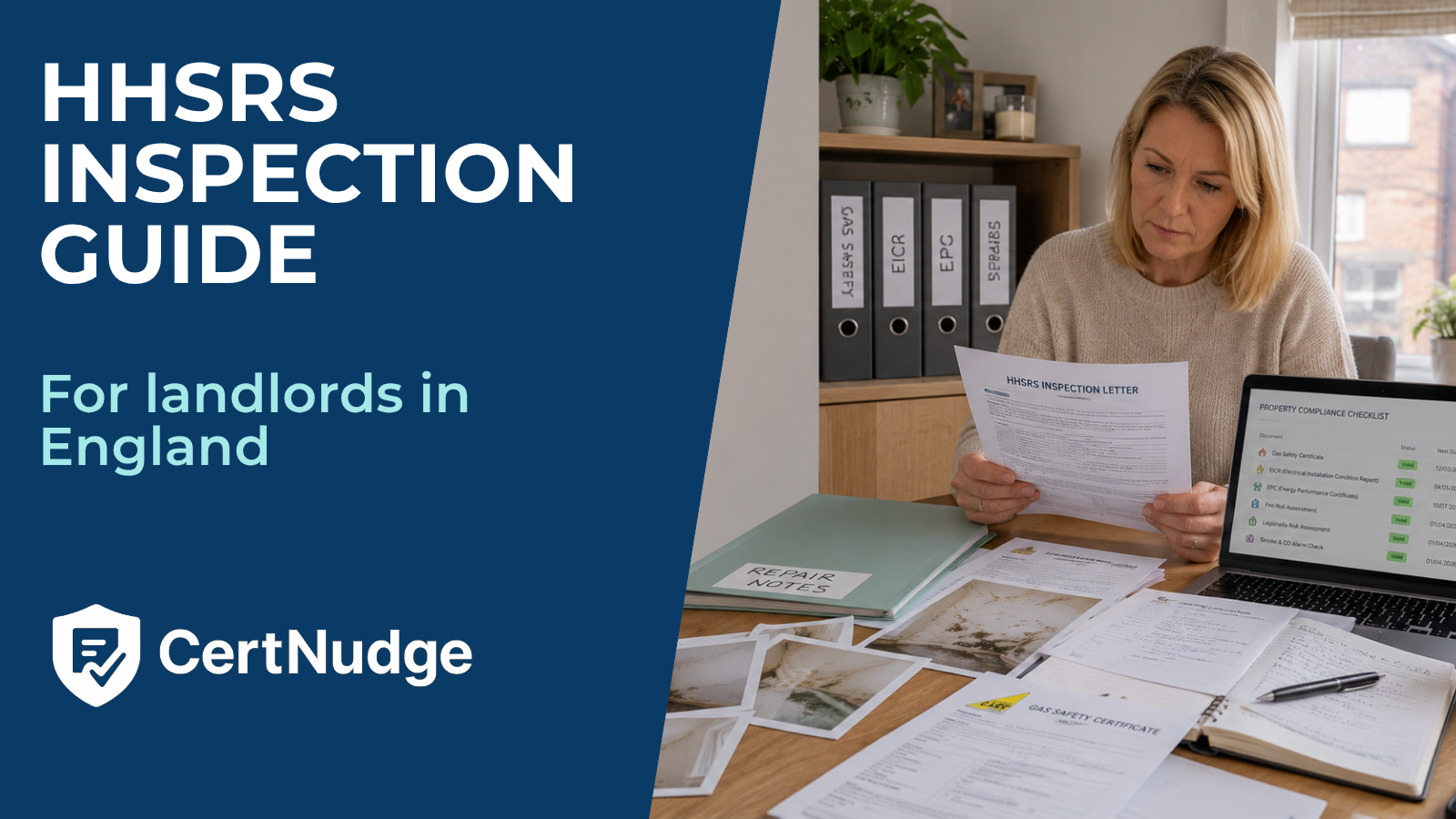 Landlord reviewing an HHSRS inspection letter with property certificates, repair records.
